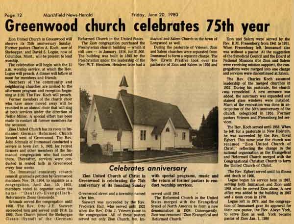 Marshfield News Herald Article on Zion 75th Anniversary